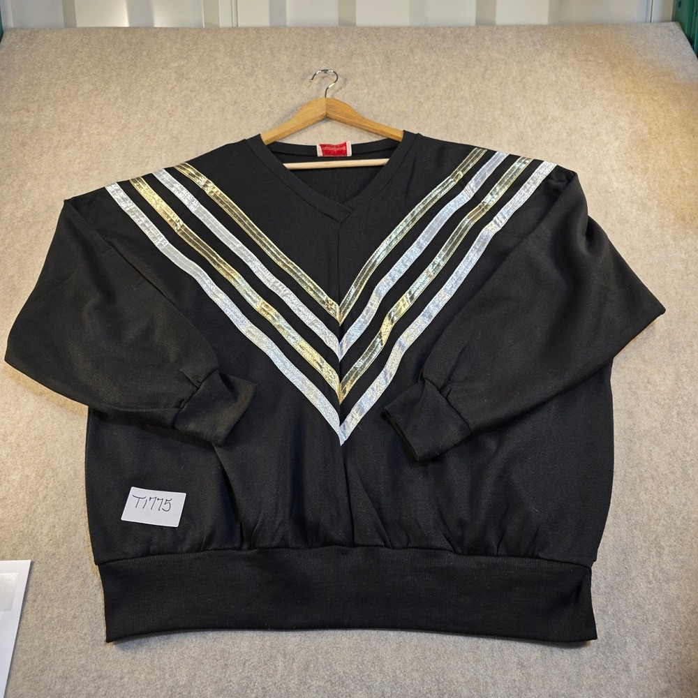 VTG Young Stuff Black Metallic Gold Silver Chevron V Neck Sweatshirt USA Made